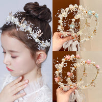 Girls' Princess Crown Headband with Pearl Flowers and Ribbons for Parties and Costumes
