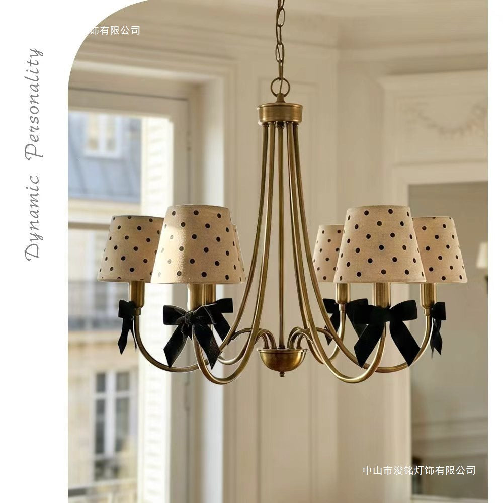 American Retro Iron Art Chandelier with Polka Dot Shade and Bowknot Decor for Living Room, Dining Room, Bedroom