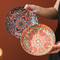 Bohemian Style Underglaze Ceramic Deep Plate for Dining, 8-inch, High Temperature Resistant