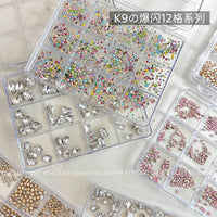 12-Grid Zircon Nail Art Rhinestones Mixed Set K9 Shaped Flatback Round DIY Nail Decoration