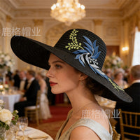 2026 New Chinese Style Embroidered Wide Brim Straw Hat for Women, Sun Protection Beach Hat