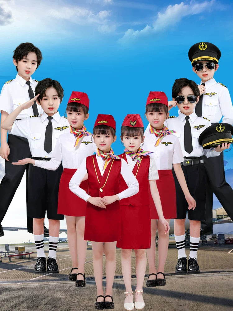 Kids' Pilot or Flight Attendant Uniform Costume Set for Role Play and Performances