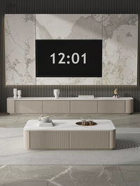Modern Minimalist Slate Top TV Stand and Coffee Table Set with Solid Wood Base for Small Spaces