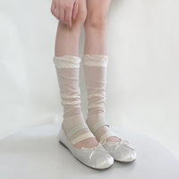 Ballet Style Bubble Cuff Footed Socks for Women, Thin Vertical Stripe Sheer Calf Socks