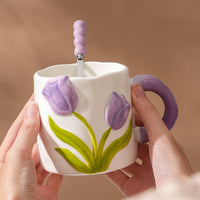 Colorful Tulip Ceramic Mug with Spoon, Underglaze Water Cup, Teacher's Day Gift for Women