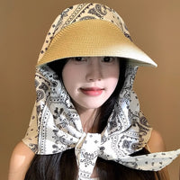 Women's Floral Straw Sun Hat with Neck Flap - Wide Brim UV Protection Outdoor Scarf Hat