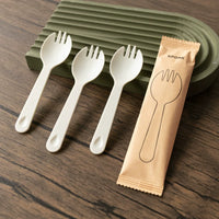Disposable Biodegradable Spork Set with Kraft Paper Bag, Thickened Dessert Cake Fruit Spoons and Forks