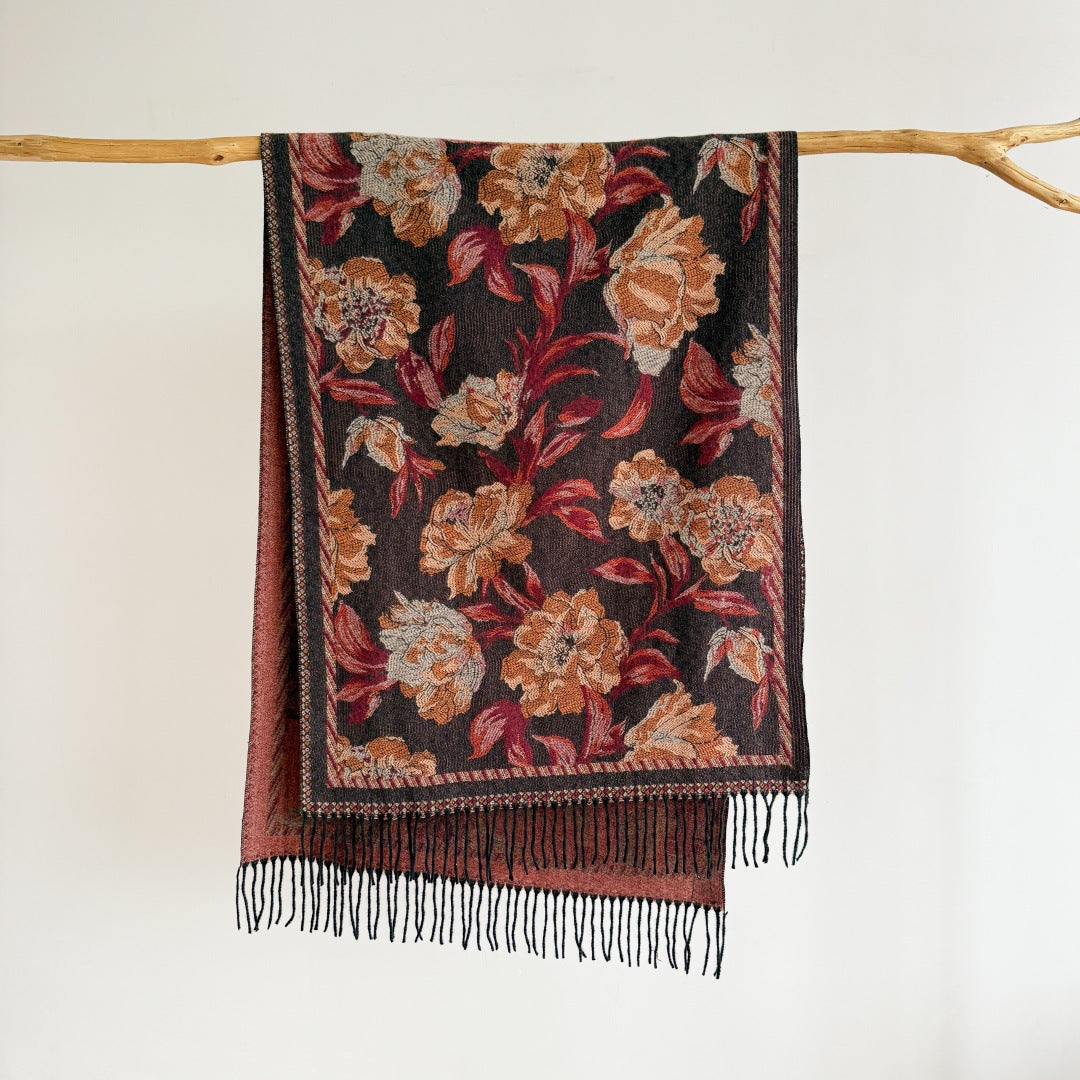 Vintage Tassel Scarf Ethnic Style Cashmere Shawl Large Warm Wrap for Winter