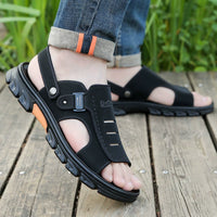 Men's Leather Casual Beach Sandals with Thick Sole and Non-slip Design, Two-way Wear