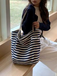 Luself "Happy Puppy" Striped Canvas Tote Bag, Large Capacity Embroidered Shoulder Bag