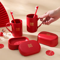 Wedding Bathroom Set with Toothbrush Holders, Cups, and Soap Dish - Red Bridal Essentials