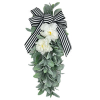 Peony Bunny Ear Wreath Farmhouse Black White Stripe Bow Faux Flower Door Hanger