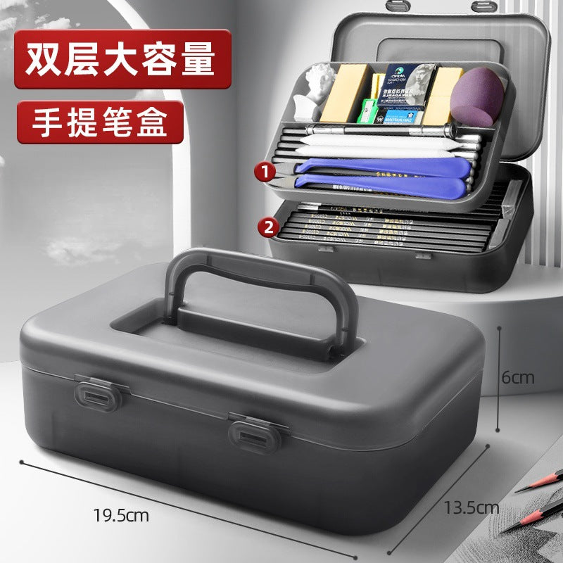 Portable Double-Layer Sketch Pencil Box Art Supply Storage Case