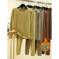 Women's Thermal Underwear Set, Thin Fleece Long Sleeve Top & Bottom for Autumn/Winter