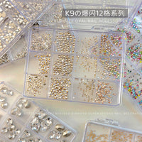 12-Grid Zircon Nail Art Rhinestones Mixed Set K9 Shaped Flatback Round DIY Nail Decoration