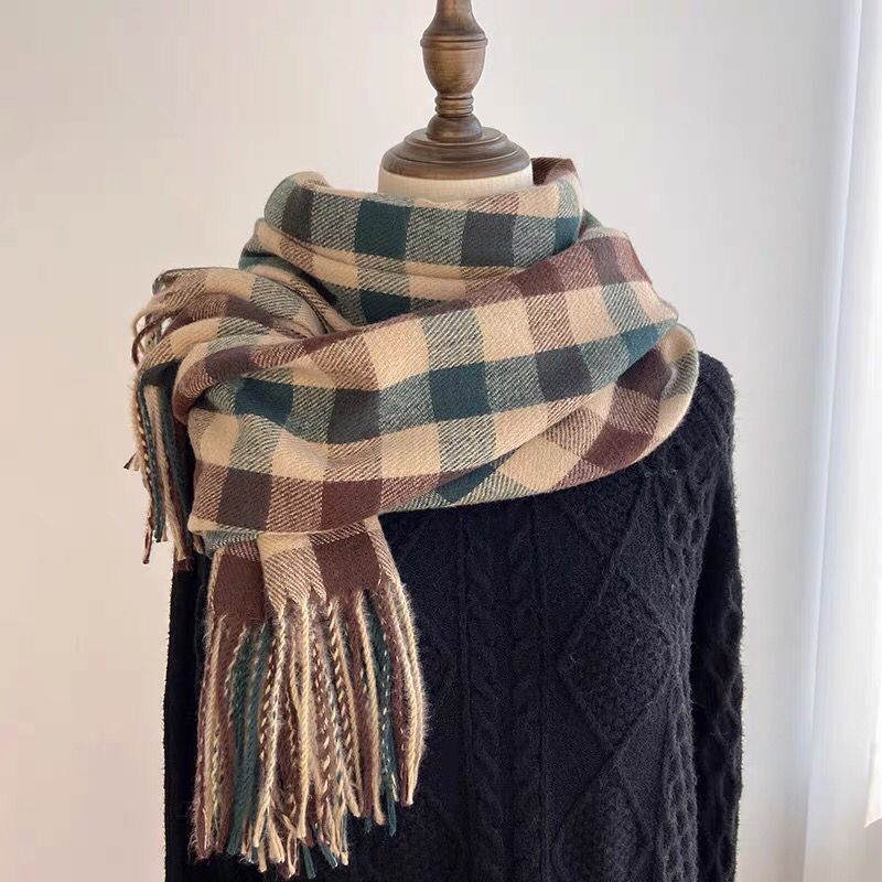 Unisex Plaid Faux Cashmere Scarf with Tassels, Korean/Japanese Style, Warm Winter Shawl