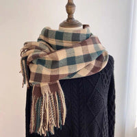 Unisex Plaid Faux Cashmere Scarf with Tassels, Korean/Japanese Style, Warm Winter Shawl