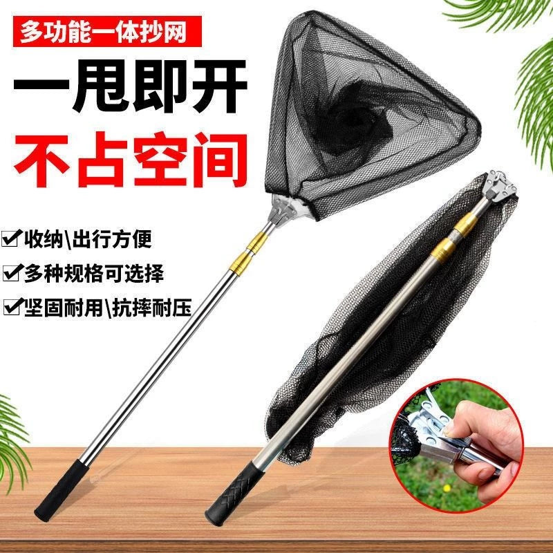 Foldable Triangular Fishing Landing Net with Telescopic Stainless Steel Pole