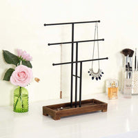 3-Tier Vintage T-Bar Carbonized Wood & Iron Necklace Display Stand
