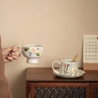 Hand-Painted 3D Floral Ceramic Coffee Cup and Saucer Set with Spoon, High-Value Breakfast Mug Gift for Women