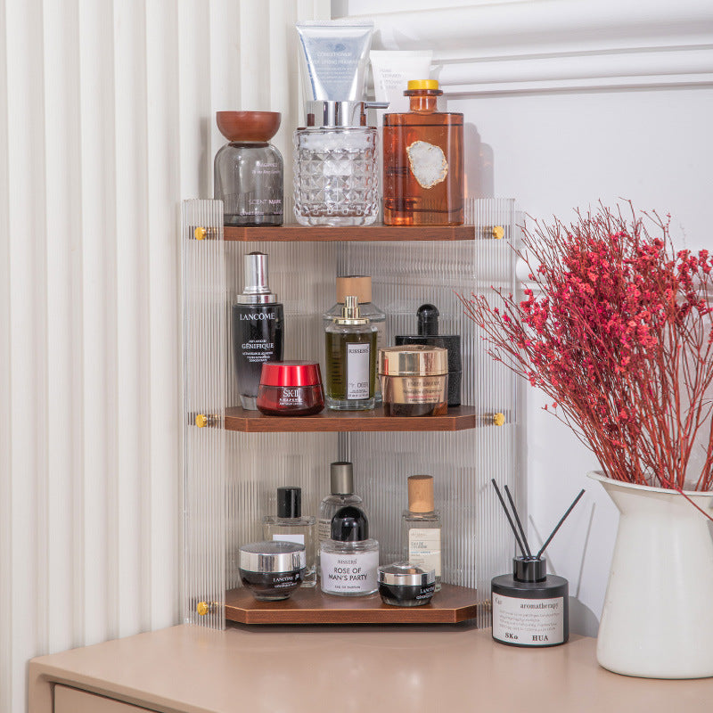Acrylic Cosmetic Storage Corner Shelf with Wooden Base, Multi-layer Wall-Mounted Organizer for Bathroom and Vanity
