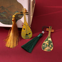 Classical Chinese Pipa Bookmark with Tassel, Metal Engraved Gift for Students and Girls