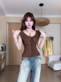 Women's French Style Off-Shoulder Lace Patchwork Short Sleeve Top