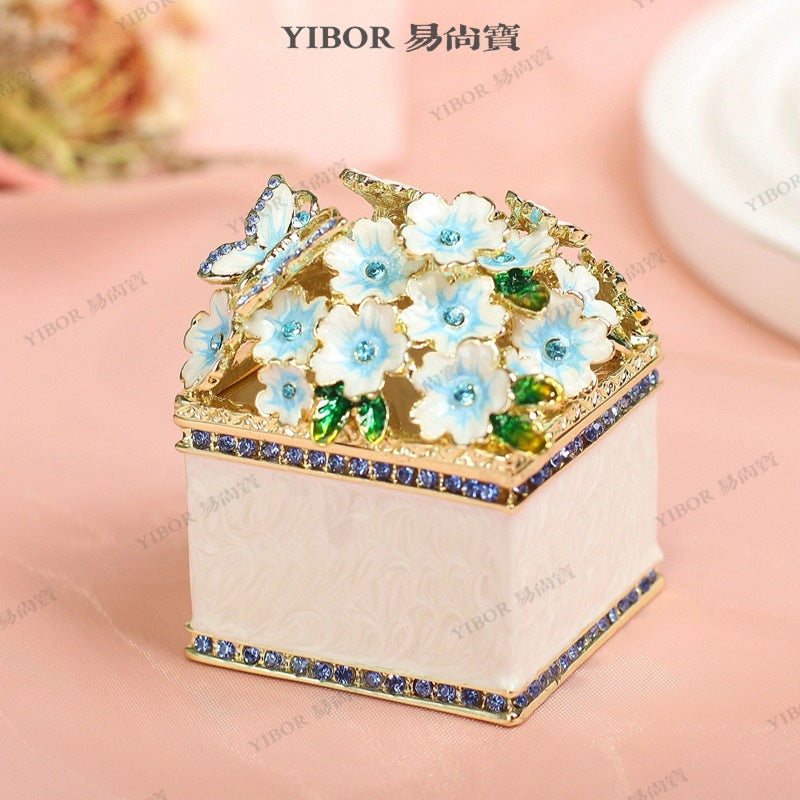 Enamel Butterfly Flower Metal Jewelry Box Ring Holder Desktop Ornament Home Decor Storage