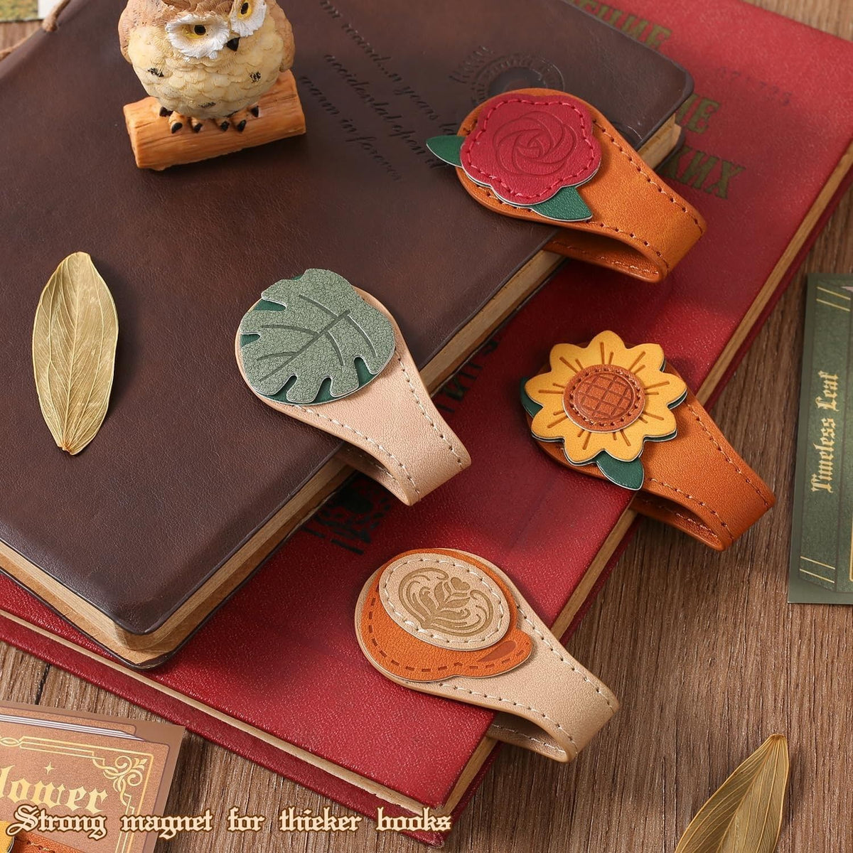 Magnetic Leather Bookmark with Embroidered Floral Design