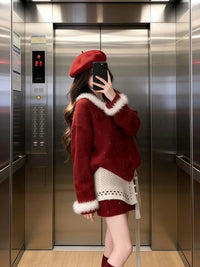 Women's Red Knit Sweater Three-Piece Set with Skirt for New Year Celebrations
