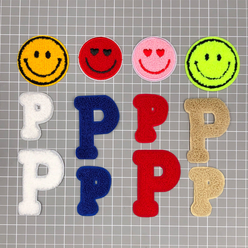 Trendy P Letter Smiley Face Towel Embroidered Patches for DIY Apparel and Knitwear