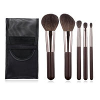 Portable 5-Piece Wool Makeup Brush Set with Pouch - Soft Animal Hair Blush & Cosmetic Tools
