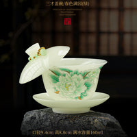 Jade Ceramic Gaiwan Tea Bowl with Suspended Lid, White Porcelain Kung Fu Tea Set Gift