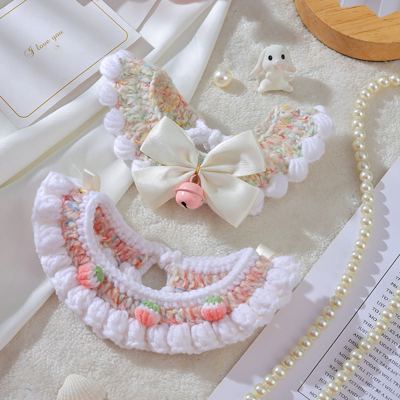 Hand-Knitted Pet Collar with Bell and Bow for Cats and Small Dogs