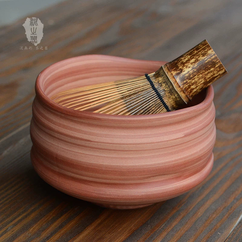 Japanese Zen Style Ceramic Matcha Bowl with Wood Grain Texture