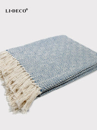 LiDeco Indian Imported Blue Diamond Pattern Cotton Throw Blanket for Office and Home