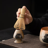 Japanese Shino Cat Ceramic Matcha Bowl Set with Whisk Holder and Scoop