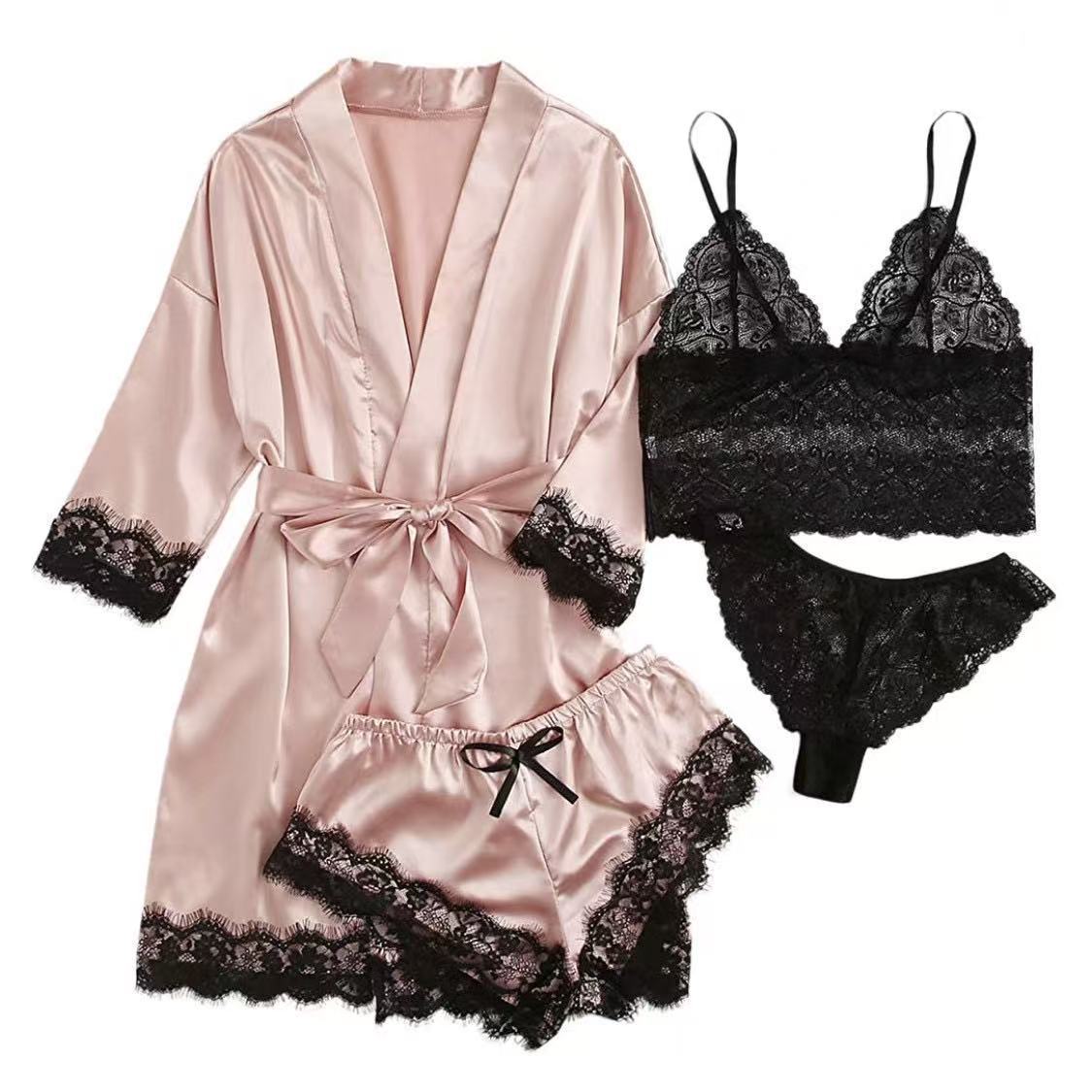 Women's Lace Pajama Set with Robe and Shorts, 4-Piece Sleepwear Loungewear