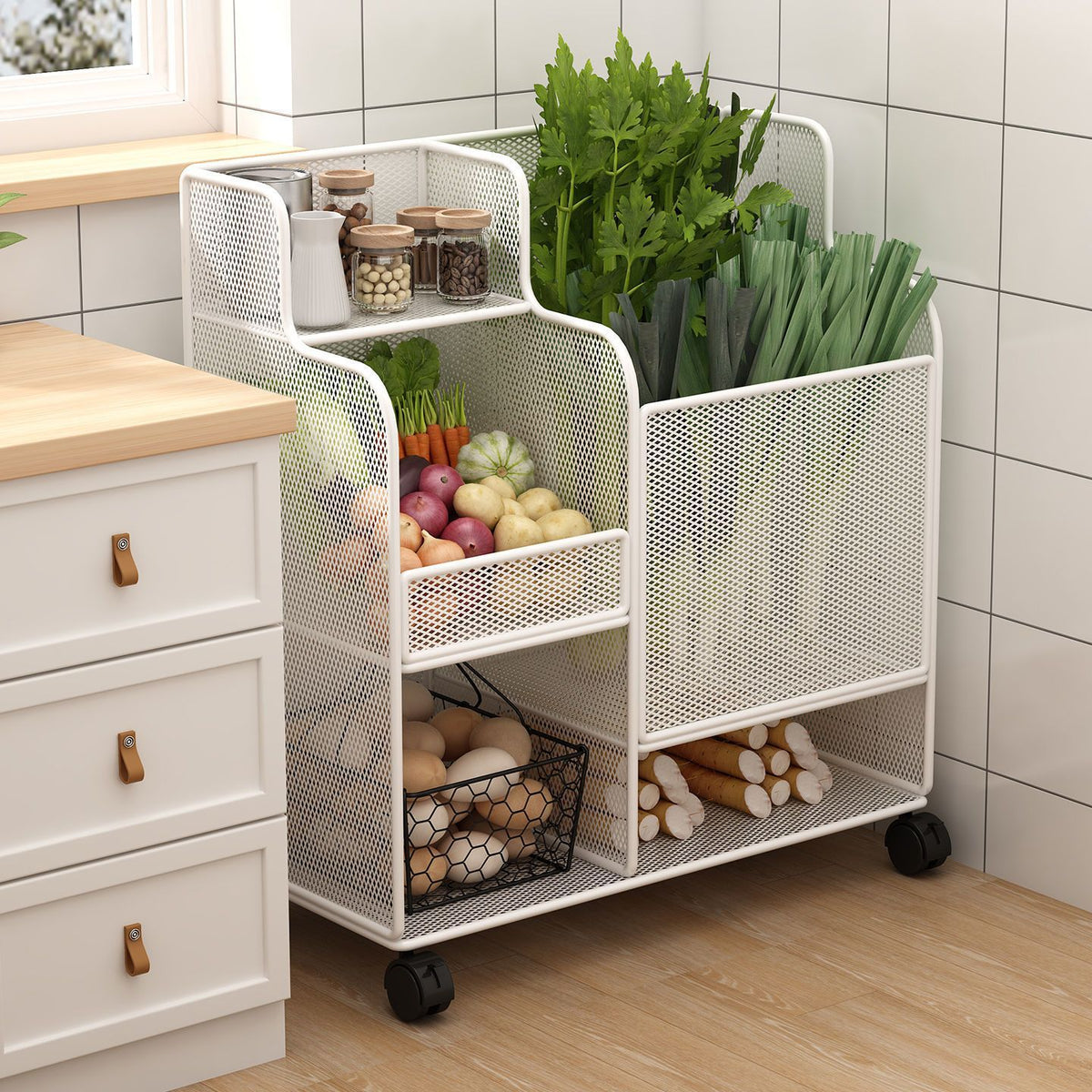 Multi-Layer Kitchen Pot Rack with Wheels, Heavy Duty Floor Standing Storage Shelf for Vegetables and Cookware