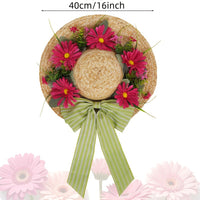 Sunflower and Bee Wreath for Front Door Decor, Artificial Straw Hat Floral Garland for Home Living Room