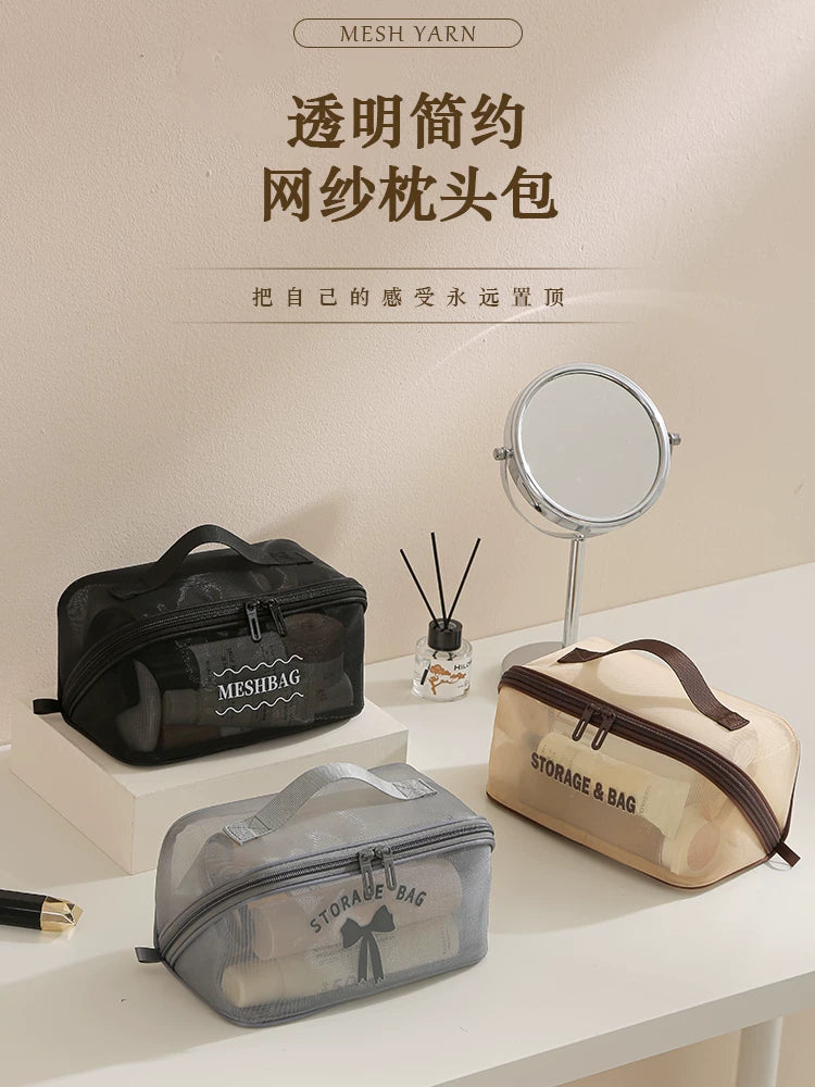 Portable Mesh Travel Toiletry Bag with Large Capacity for Cosmetics and Brushes