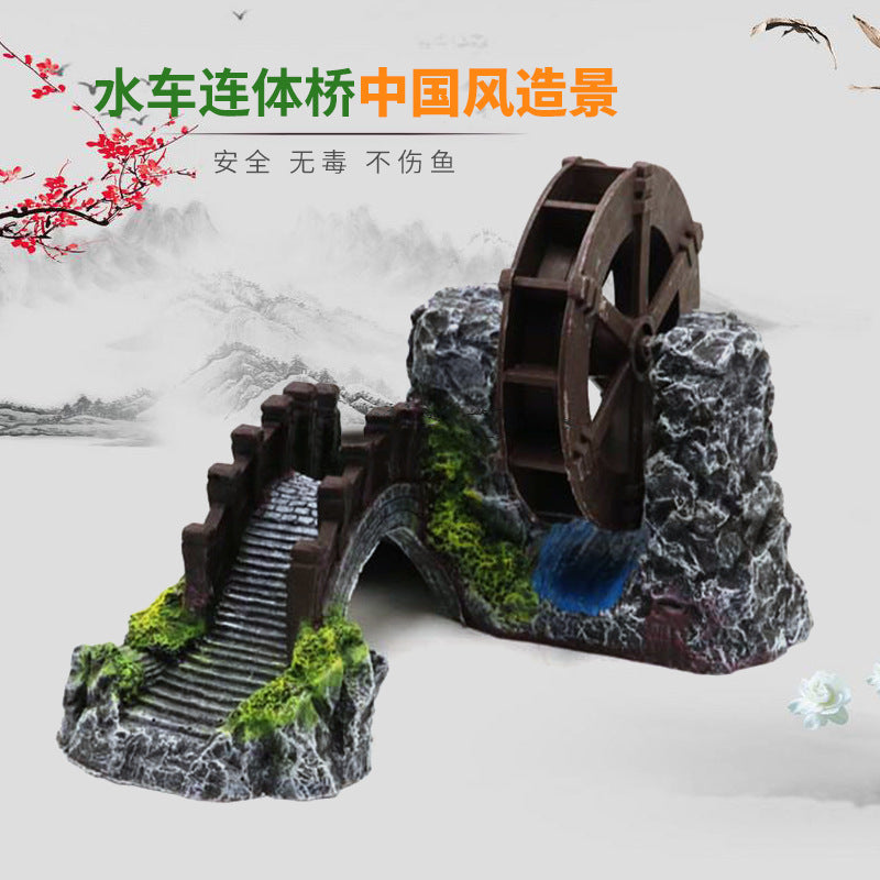 Aquarium Water Wheel Aerator Ornament with Oxygen Pump for Fish Tank Landscaping