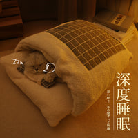 Warm Cat Sleeping Bag Pet Bed for Crate Platform, Plush Thickened Mat with Cute Blanket