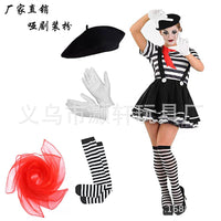 Halloween Clown Mime Costume Set with Hat, Gloves, Stockings, Suspenders, and Scarf