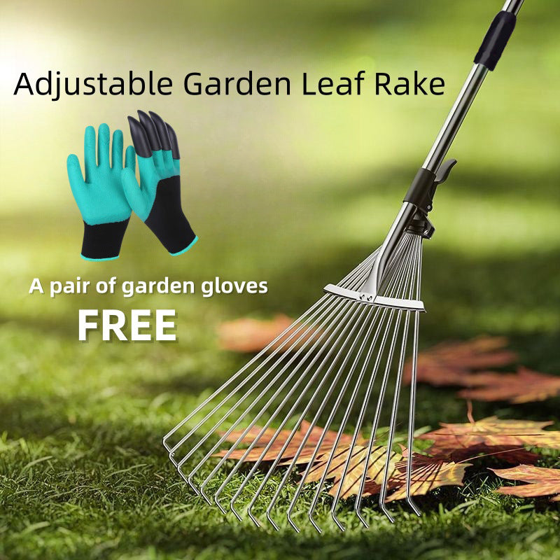 Retractable Garden Leaf Rake with Hand Protection Set, Stainless Steel 15-Tooth Agricultural Tool
