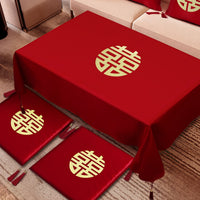 Red Wedding Tablecloth and Cushion Set with Fruit Plate and Dried Fruit Tray for Wedding Room Decoration