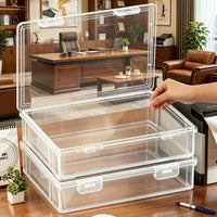 Desktop Storage Box with Lid, Transparent PP, A4/A3 Document Organizer for Stationery and Office Supplies