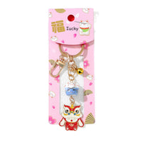 Japanese Ceramic Lucky Cat Keychain with Alloy Lion Dance & Koi Fish Charms for Car Keys & Bags