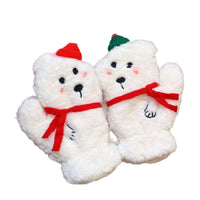 Women's Winter Lambswool Lined Warm Cartoon Plush Gloves with Neck Strap for Cycling
