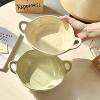 Irregular Ceramic Bowl with Double Handles for Salad, Dessert, Yogurt, and Noodles